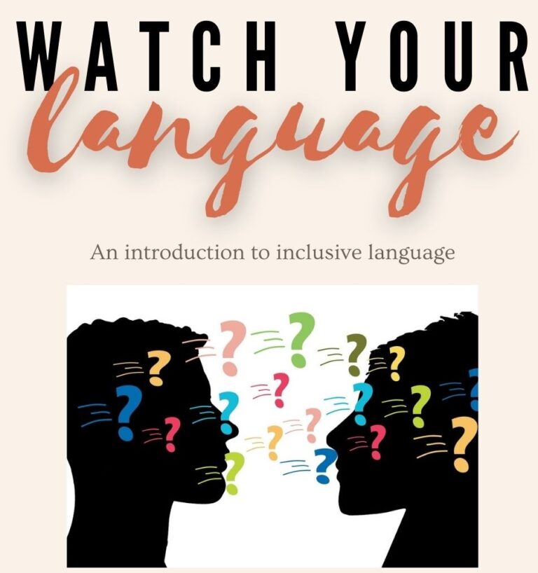 Title reads Watch Your Language, followed by the words 'An Introduction to Inclusive Language'. Image of silhouette faces looking at each other with multiple coloured question marks floating between them.