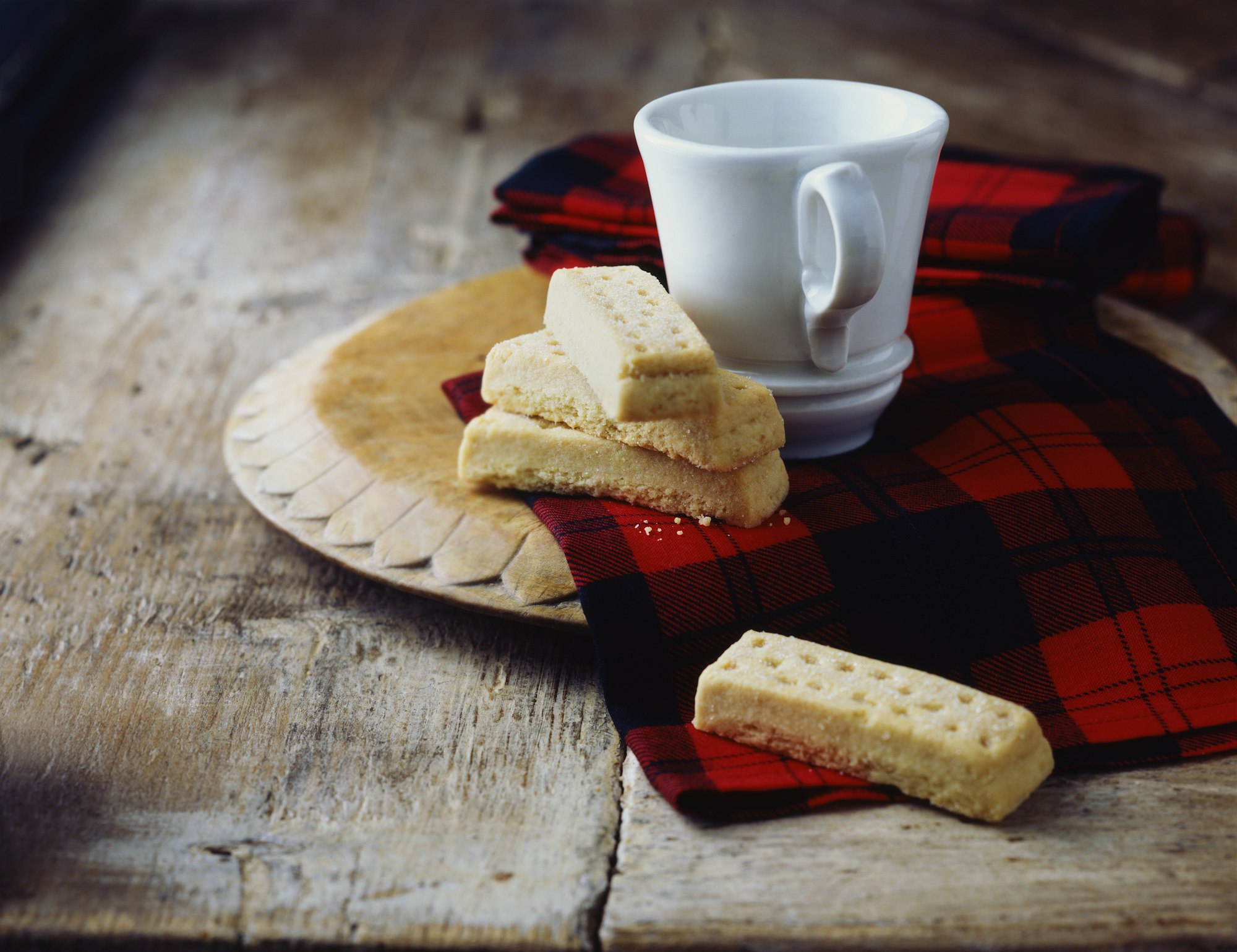 Luxury Scottish all butter shortbread fingers on tartan tea towel