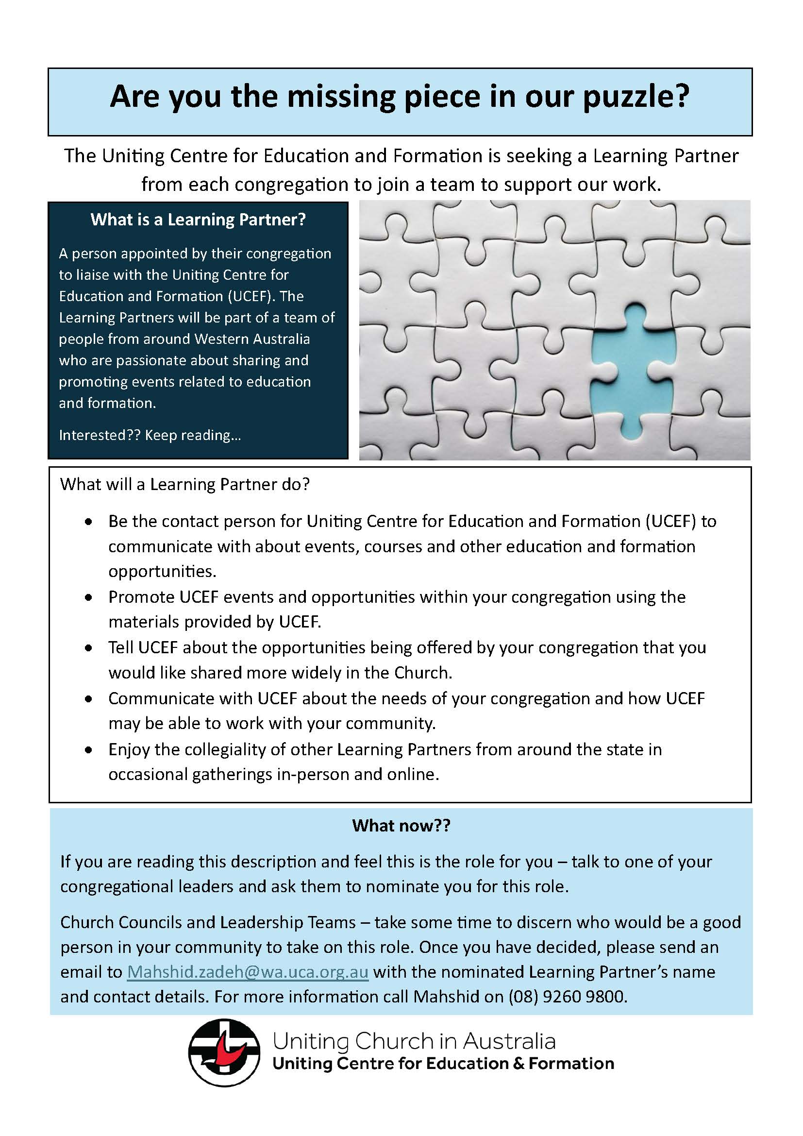 Learning Partner Display Could you be a Learning Partner? - Uniting Church Western Australia