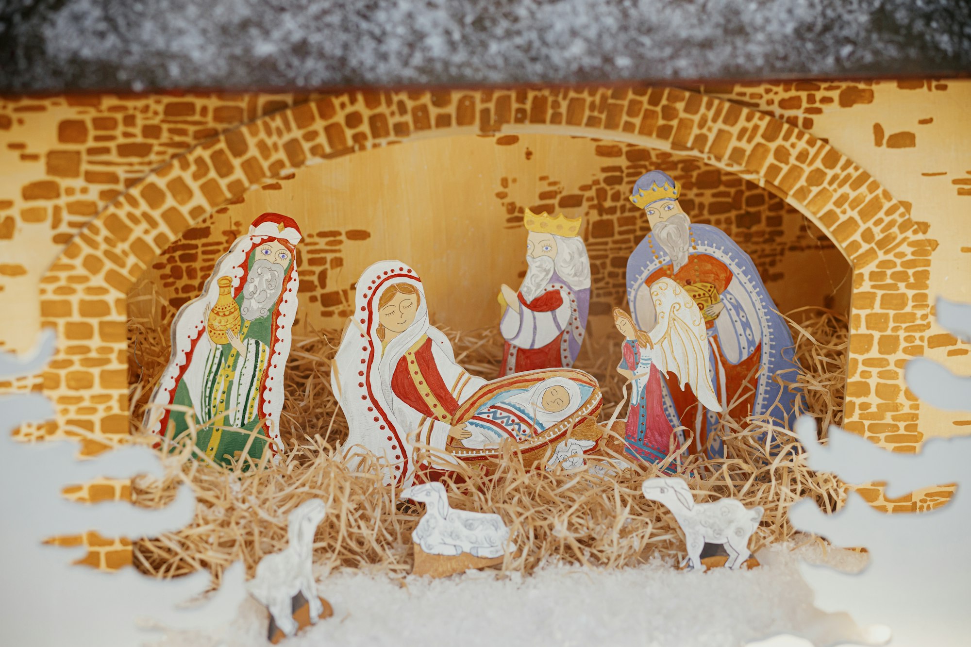 Nativity scene. Holy night scene with saint figurines and baby Jesus in creche